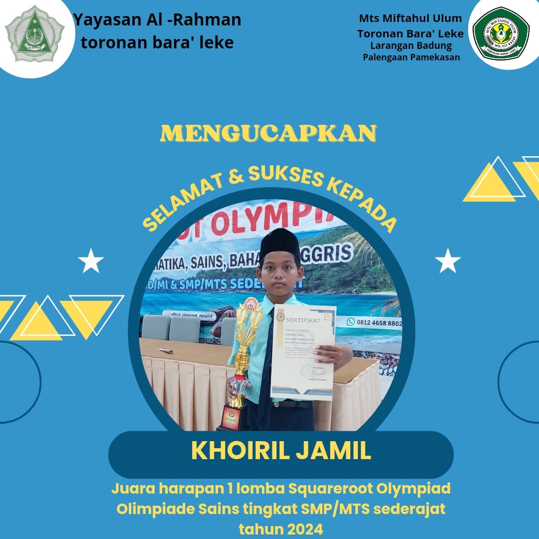 juara harapan 1 lomba squareroot olympiad olimpiade sains tingkat smp/mts sederajat tahun 2024